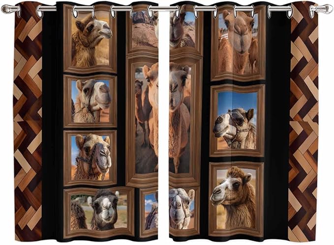 2 Panel Kitchen Cafe Curtains, Desert Camels Sunlight Filtering Nature Air Through, Home Decor Window Covering Tier Curtains for Living Room 104W x 72L inch Brown Wildlife Farmhouse Animals Rustic