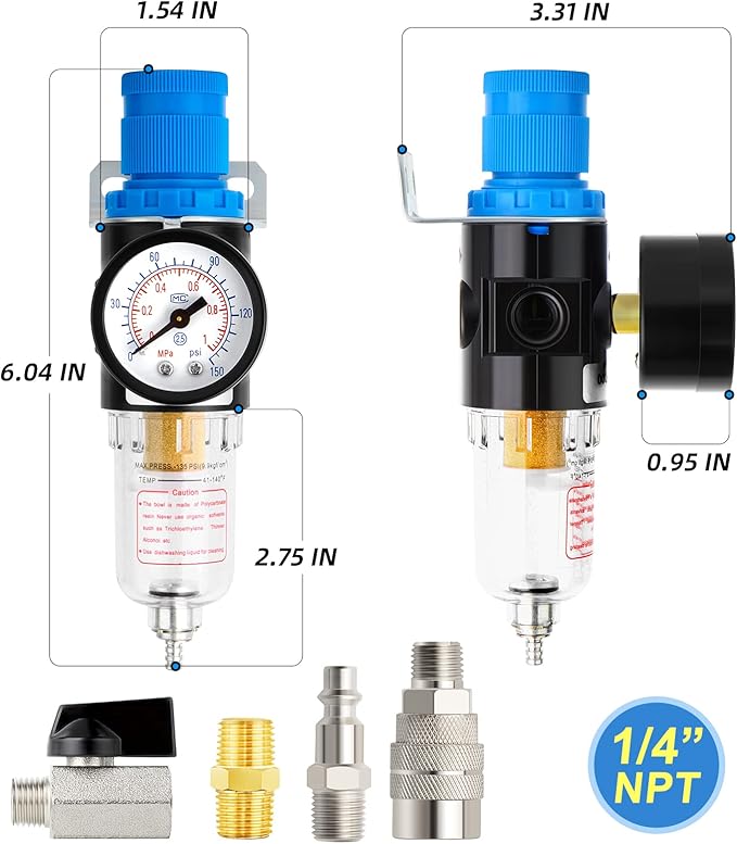 MEANLIN Air Compressor Moisture Filter, AFR2000 Air Line Filter, 1/4" NPT Inlet with 150 PSI Gauge and Valve Shut Off Switch for Air Tools and and Spray Paint Gun