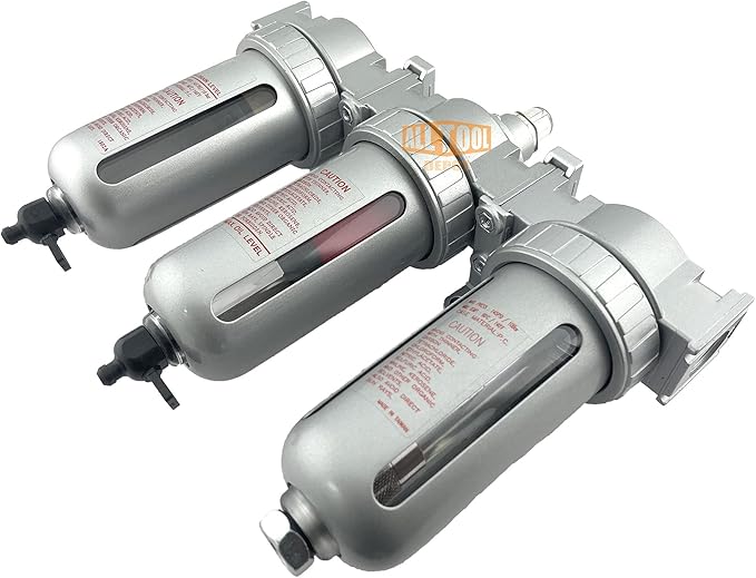 1/4" NPT MID FLOW 3 Stages Filter Coalescing Desiccant Dryer System For Compressed Air Lines, Poly Bowls, Great For Paint Spray And Plasma Cutter (MANUAL DRAIN)