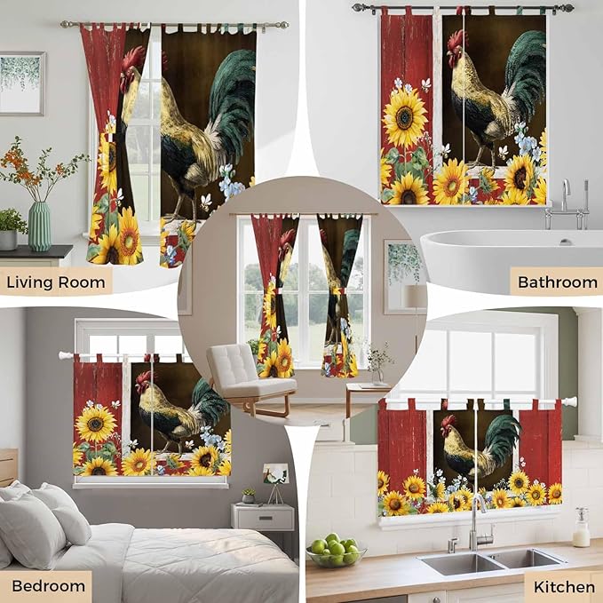 Chicken Sunflowers Bedroom Curtains 72 Inch Length, Window Curtains Tab Top, Farmhouse Animals Red Barn Bees Light Filtering Window Treatments Drapes 52"x72" 2 Panel