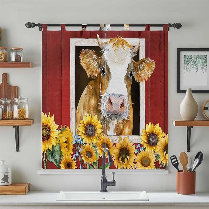Cows Sunflowers Bedroom Curtains 72 Inch Length, Window Curtains Tab Top, Spring Floral Bees Farmhouse Barn Light Filtering Window Treatments Drapes 52"x72" 2 Panel