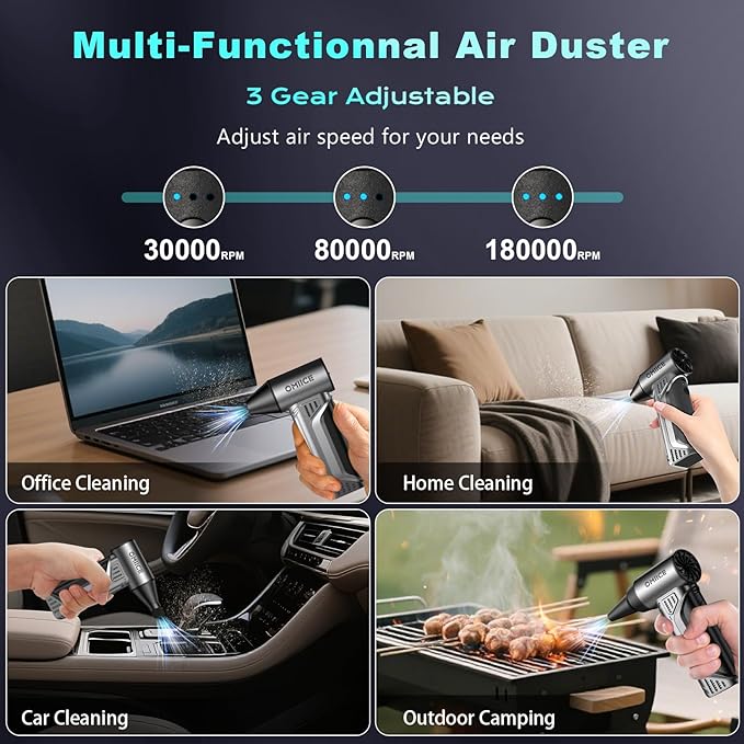 Compressed Air Duster 180000RPM, Electric Air Duster with 3 Gears Adjustable, Powerful Cordless Dust Cleaner with Rechargeable 10000mAh Battery for Keyboard/PC/Car/Outdoor/Air Bed with Brush