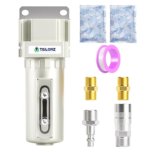 TAILONZ PNEUMATIC 3/4" NPT Industrial Compressed Air Desiccant Dryer, Used for Dry Air, Compressed Air, Water Separator, Plasma Cutting Machine and Other Metal Bowl with Activated Carbon Bag