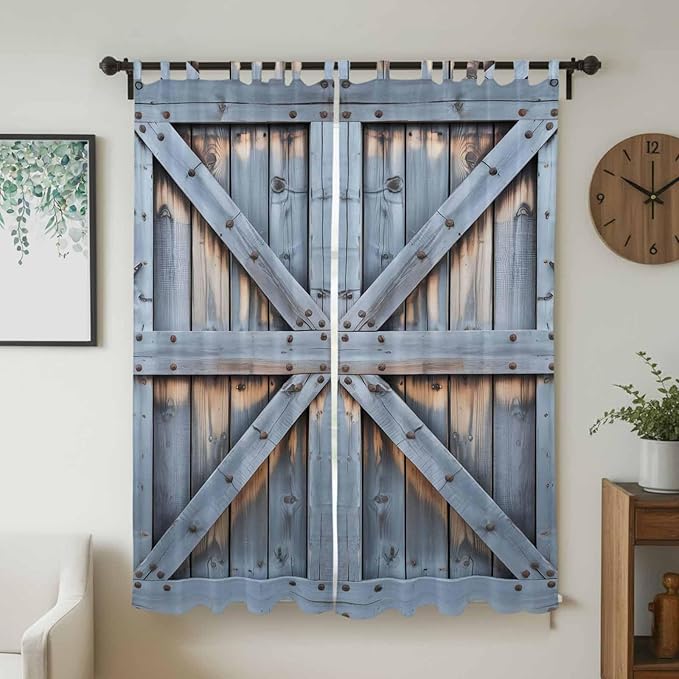 Farmhouse Wood Grain Living Room Curtains 96 Inch Length, Window Curtains Tab Top, Vintage Country Barn Gate Textured Light Filtering Window Treatments Drapes 52"x96" 2 Panel