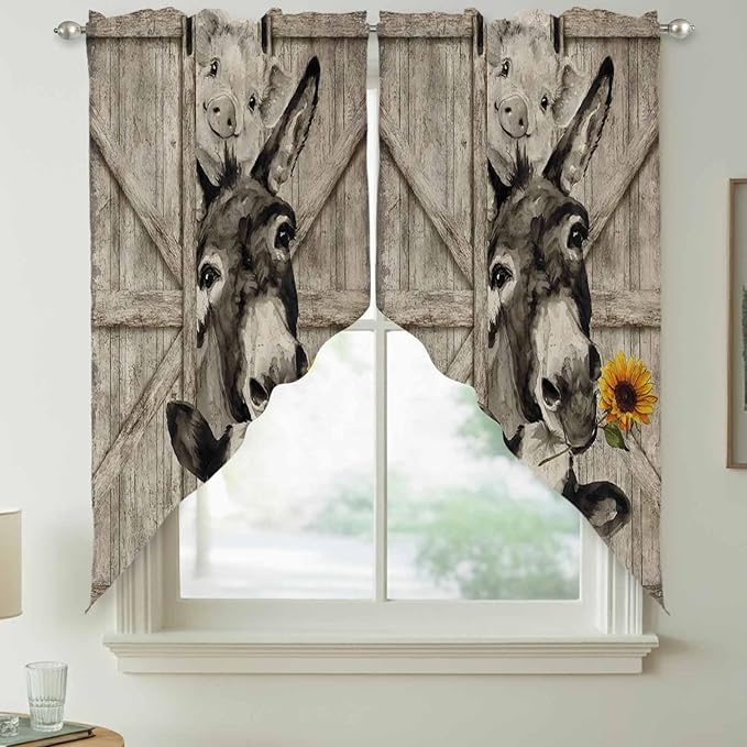 Funny Farm Animals Swag Valances for Windows, Vintage Barn Brown Sunflowers Rod Pocket Kitchen Curtains Valance, Kitchen Window Curtains Swag for Cafe Bathroom Living Room, 2 Panels, 36x63 inch