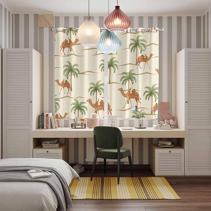 2 Panel Kitchen Cafe Curtains, Date Coconut Tree Sunlight Filtering Nature Air Through, Home Decor Window Covering Tier Curtains for Living Room 104W x 84L inch Desert Camels Botanical Tropical Beige