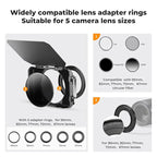 K&F CONCEPT Mini Matte Box +ND4+ND32 Filters Kit, DSLR Matte Box with Carbon Fiber Top Flag Square Filters Trays with 67/72/77/82/95mm Adapter Rings, for 4x5.65 Square UV ND Effect Filter
