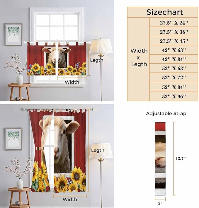 Sheep Sunflower Kitchen Curtains 36 Inch Length, Small Window Curtains Tab Top, Country Red Farm Barn Spring Flowers Light Filtering Short Window Treatments Tier Drapes 27.5"x36" 2 Panel