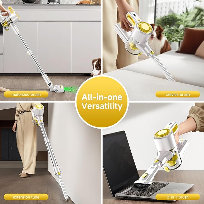 Cordless Vacuum Cleaner for Home, Powerful Stick Vacuum with Rechargeable Battery, Green Light Anti-Tangle Brush, 6-in-1 Lightweight Handheld Vacuum for Pet Hair, Hard Floor, Carpet, Yellow