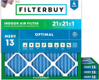 Filterbuy 21x21x1 Air Filter MERV 13 Optimal Smoke & Allergy Defense (4-Pack), Electrostatic Pleated HVAC AC Furnace Filters Replacement, Made in USA (Actual Size: 20.88 x 20.88 x 0.75)