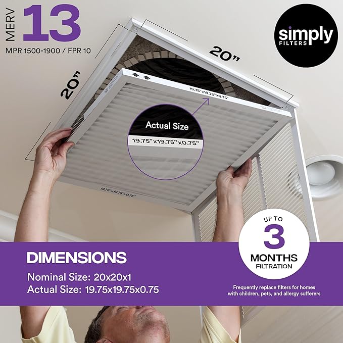 Simply 20x20x1 Air Filter, Merv 13, 6 Pack, For Home AC Furnace & HVAC (Actual Size: 19.75"x19.75"x0.75") DUST, Pet, & Allergy Control