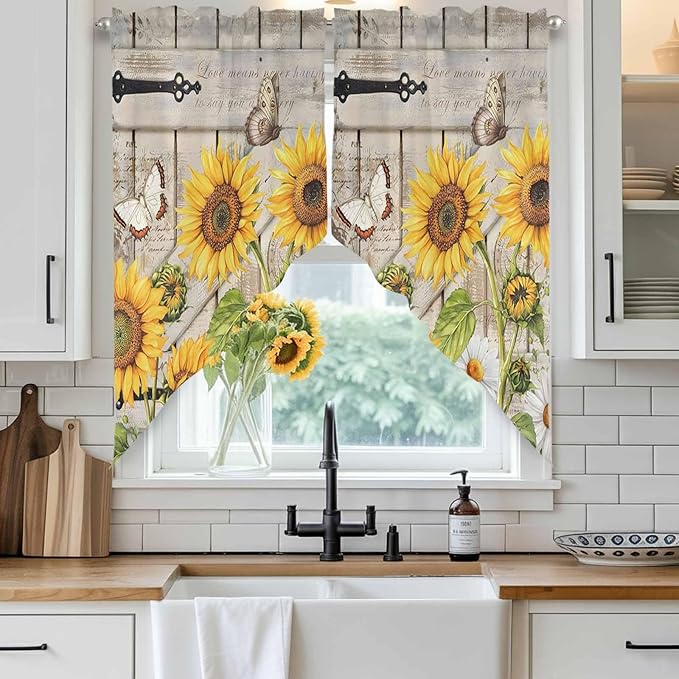 Farm Flowers Swag Valances for Windows, Retro Sunflowers Barn Doors Butterfly Wood Board Rod Pocket Kitchen Curtains Valance, Small Window Curtains Swag for Cafe Living Room, 2 Panels, 28x36 inch