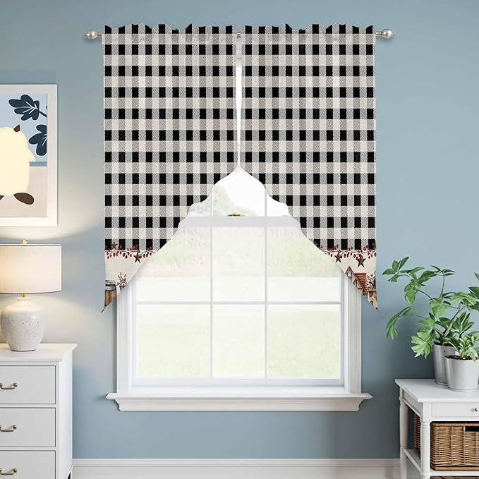Swag Curtain Valances for Kitchen Windows,Farm Wooden House Black Buffalo Plaid Short Rod Pocket Window Valance,Western Star Swag Topper for Bedroom Living Room,2 Panels 36x36in