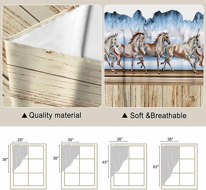 Western Horse Swag Valances for Windows, Farmhouse Wooden Grain Vintage Cowboy Barn Door Rod Pocket Kitchen Curtains Valance, Kitchen Window Curtains Swag for Cafe Living Room, 2 Panels, 36x45 inch