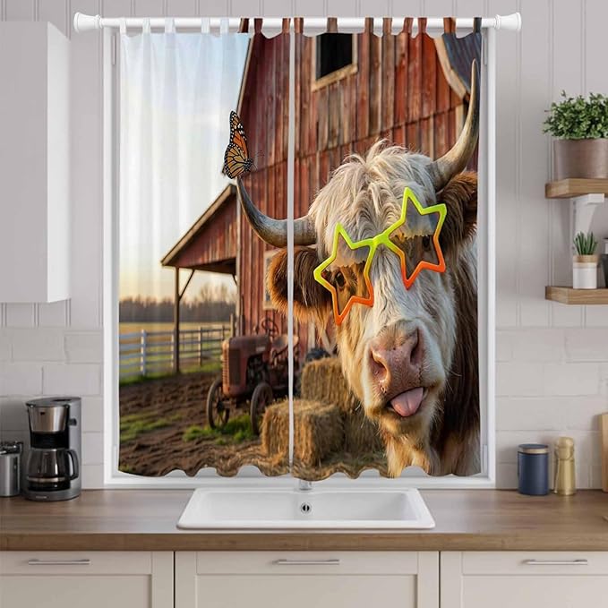 Farm Yaks Living Room Curtains 96 Inch Length, Window Curtains Tab Top, Farmhouse Barn Funny Animals Butterfly Light Filtering Window Treatments Drapes 52"x96" 2 Panel