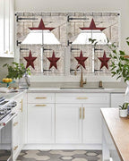 Village Stars Swag Kitchen Curtains Valance and Tier Set, Vintage Dark Red Star Beige Barn Doors Light-Filtering Swag Valance 24 Inch Length, Rod Pocket Short Curtain for Bedroom Cafe