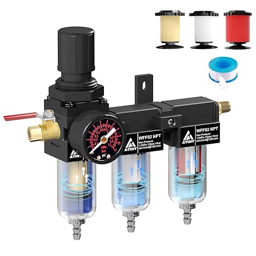 3 Stage Air Dryer 1/4" NPT,Air Dryer System Air Compressor Filter Dryer,5 &0.5 &0.01 Micron Filter Cartridge,Semi-Auto Drain, Metal Bracket-Blue