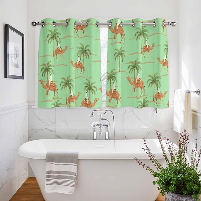 2 Panel Kitchen Cafe Curtains, Desert Camels Sunlight Filtering Nature Air Through, Home Decor Window Covering Tier Curtains for Bedroom Living Room Tropical Date Palm Trees Animal Green