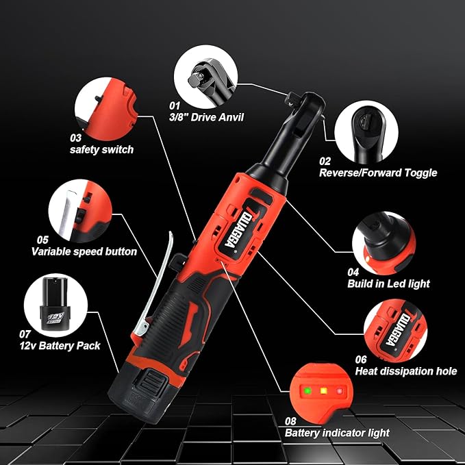 3/8" Cordless Electric Ratchet Wrench Set, 12V Power Ratchet Tool Kit With 2 Packs 2000 mAh Battery And Charger, 45 FT-LBS Battery Powered Wrench with Infinitely Variable Speeds