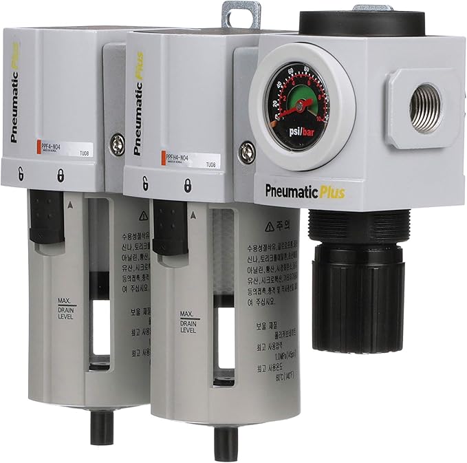 PneumaticPlus PPC4C-N04G StageAir Drying System- Air Particulate 5 Micron Filter, 0.3 Micron Coalescing Filter & Air Pressure Regulator Combo 1/2" NPT,Poly Bowl-Guard, Manual Drain,Embedded Gauge