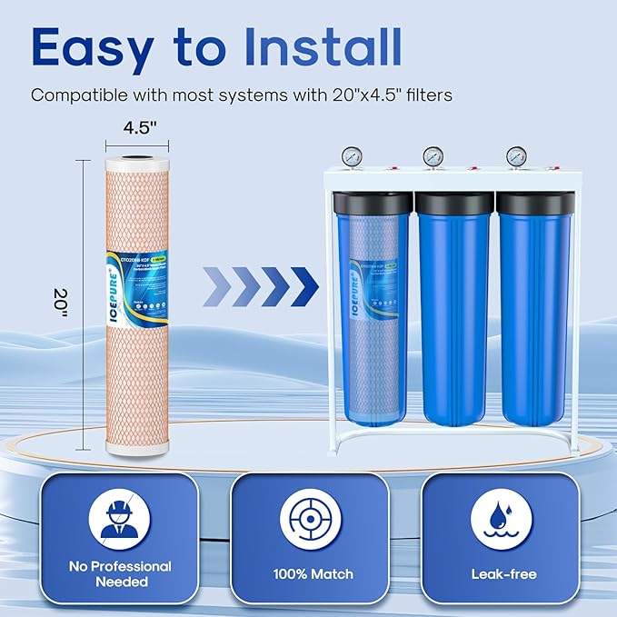 ICEPURE 4.5" x 20" Activated Carbon and KDF Large Capacity Water Filter, Whole House Heavy Metal Filtration, 5 Micron CTO20BB-KDF Whole House Water Filter, 1 PACK