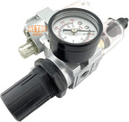 1/4" NPT Mini Compressed Air In Line Filter Regulator Lubricator Oiler Combo Piggyback, Poly Bowl And Metal Body, 5 Micron Element, Adjustable From 7 to 140 PSI (MANUAL DRAIN)