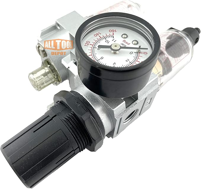 1/4" NPT Mini Compressed Air In Line Filter Regulator Lubricator Oiler Combo Piggyback, Poly Bowl And Metal Body, 5 Micron Element, Adjustable From 7 to 140 PSI (MANUAL DRAIN)