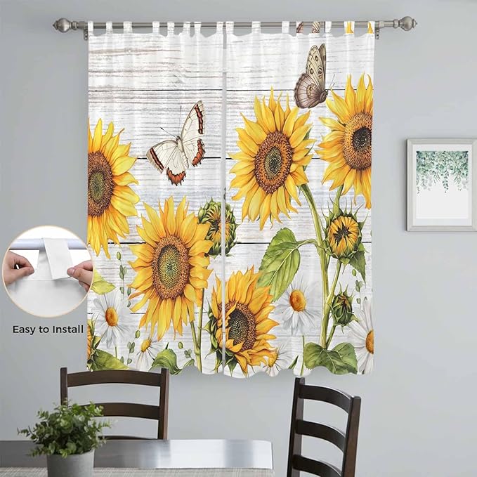 Yellow Sunflowers Living Room Curtains 96 Inch Length, Window Curtains Tab Top, Vintage Country Flowers Butterfly Wood Board Light Filtering Window Treatments Drapes 52"x96" 2 Panel