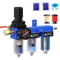 1/4 Inch NPT Three Stage Air Drying System,air Pressure Regulator with 5＆0.01 Micron Filter Cartridge，Desiccant Dryer & Air Regulator, Metal Bowl Manual Drainage-Blue