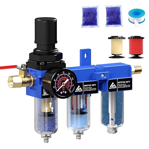 1/4 Inch NPT Three Stage Air Drying System,air Pressure Regulator with 5＆0.01 Micron Filter Cartridge，Desiccant Dryer & Air Regulator, Metal Bowl Manual Drainage-Blue