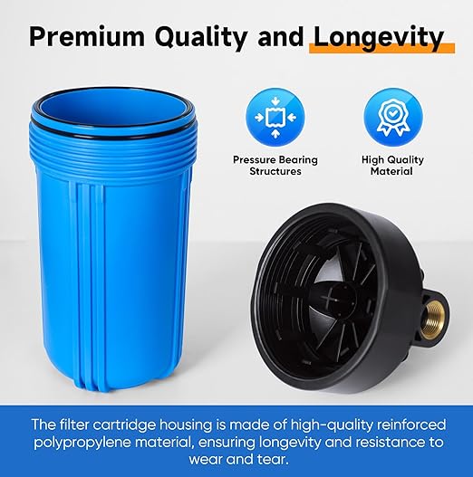 PUREPLUS 2-Stage Whole House Water Filtration System, Reduces Chlorine, Odor, Heavy Metals & Rust, 10"x4.5" Housing, 1" Inlet/Outlet, PP Grooved Sediment & KDF Carbon Filters, Pressure Gauges Included