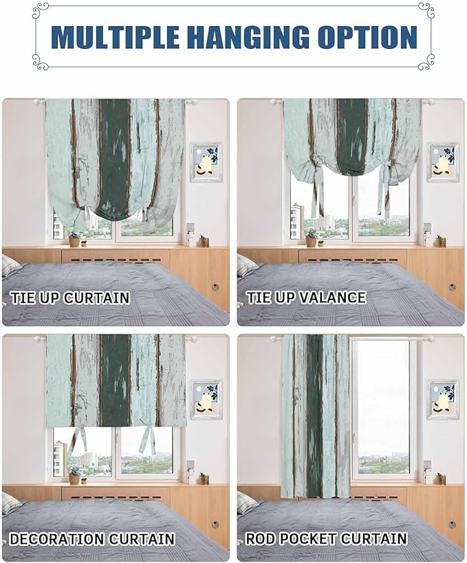 Tie Up Curtains for Windows, Blue Teal Adjustable Balloon Nature Linen Textured Kitchen Curtain, Vintage Wooden Retro Art Farmhouse Barns Decorative Tie Up Curtain for Window, 52" x 45"