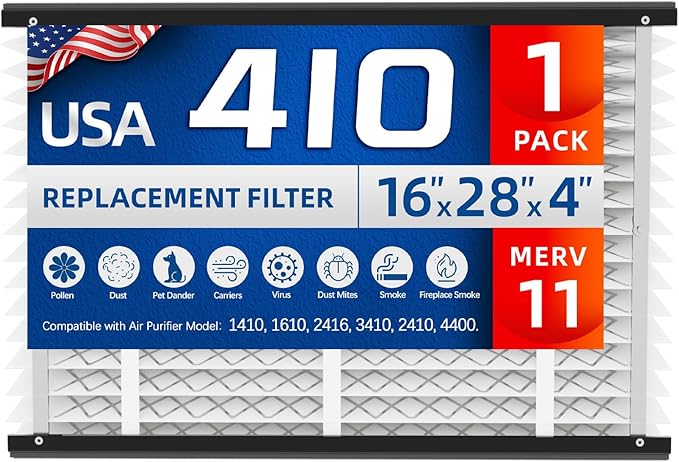 410 Replacement Air Filter, Nominal Size: 16x25x4, Actual Size: 16.04"x27.91"x3.91" HVAC Furnace Filter, Compatible with AprilAire Models 1410, 1610, 2410, 2416, 3410, 4400, MERV 11, 1 Pack