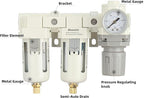 3/8" NPT Three Stage Air Drying System - 0.01 Micron Particulate Filter Air Pressure Regulator Combo - 0-125psi Gauge, Semi-Auto Drain, Metal Bracket