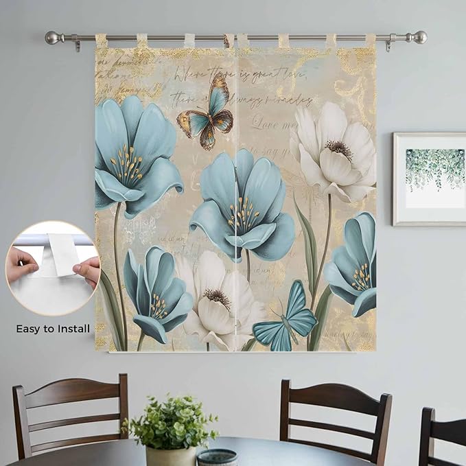Spring Flowers Bathroom Curtains 63 Inch Length, Window Curtains Tab Top, Vintage Rustic Tulips Floral Butterfly Khaki Light Filtering Window Treatments Drapes 52"x63" 2 Panel
