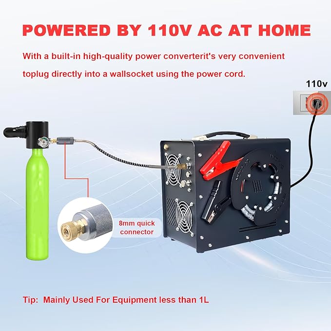 Pcp Air Compressor,Built-in Converter/Water-Oil Filter,Auto Stop,Oil/Water Free,Unique Vertical+Wire Spool Portable Design,Powered by Car 12V DC or Home 110V AC for Paintball/Scuba Tank