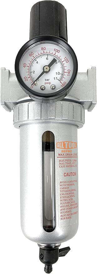 3/8" NPT Mid Flow Compressed Air In Line Filter Regulator Combo Piggyback, Poly Bowl And Metal Body, 5 Micron Element, Adjustable From 7 to 145 PSI (MANUAL DRAIN)