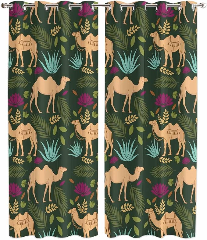 2 Panel Kitchen Cafe Curtains, Retro Desert Camel Sunlight Filtering Nature Air Through, Window Decor Tier Curtains for Living Room 80W x 84L inch Tropical Animal Aloe Vera Leaves Dark Green