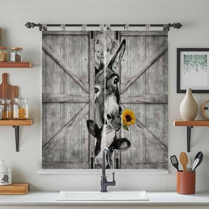 Funny Farm Animals Bedroom Curtains 72 Inch Length, Window Curtains Tab Top, Vintage Barn Grey Sunflowers Light Filtering Window Treatments Drapes 52"x72" 2 Panel