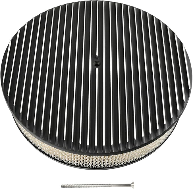 14 x 3 Inch Round Black Air Cleaner Kit Fully Finned Top with Flat Style Base Compatible with Chevy Ford GM