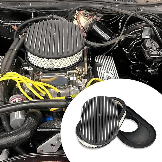 15" Black Aluminum Valve Covers Air Cleaner Kit Oval Full Polished Finned Compatible with Classic Chevy Ford