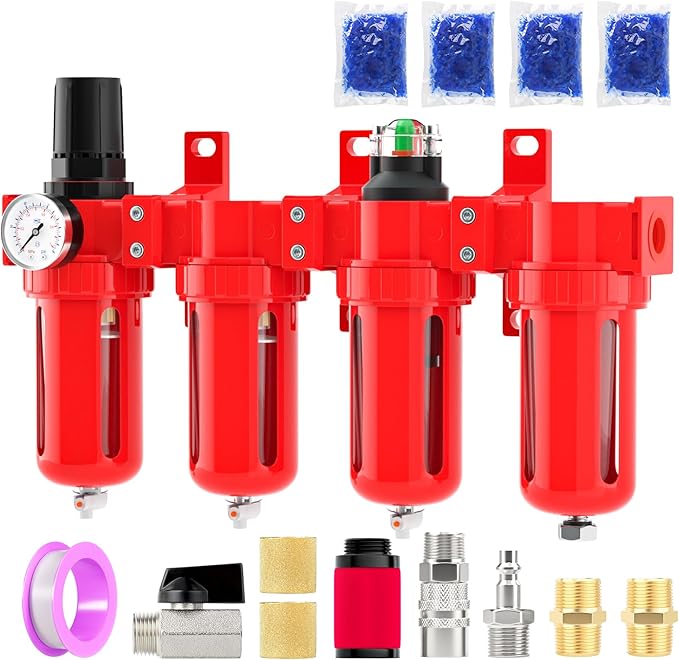Industrial Grade 4-Stage Aluminum Air Drying System, 1/2 Inch NPT, 0-150 PSI, Desiccant Dryer, air Regulator, Particulate Filter and Coalescing Filter (Manual Drainage)
