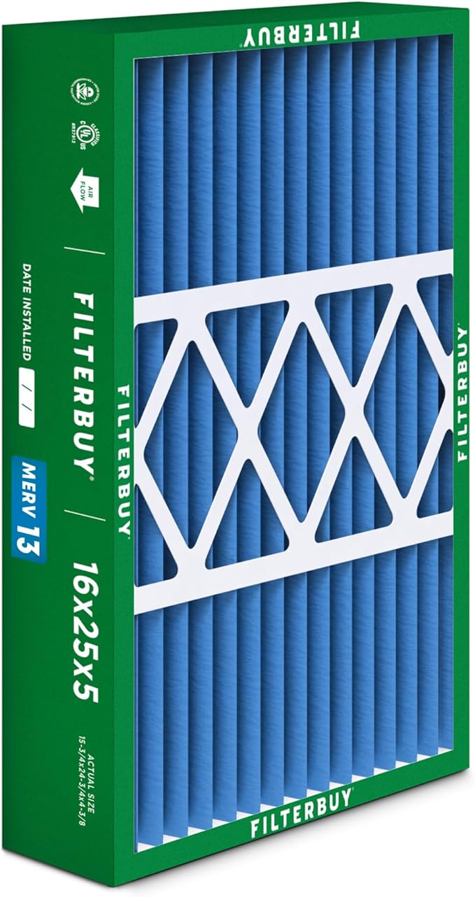 Filterbuy 16x25x5 Air Filter MERV 13 Optimal Smoke & Allergy Defense (3-Pack), Pleated HVAC AC Furnace Filters for Honeywell FC100A1029, Lennox X6670, and More (Actual Size: 15.75 x 24.75 x 4.38)