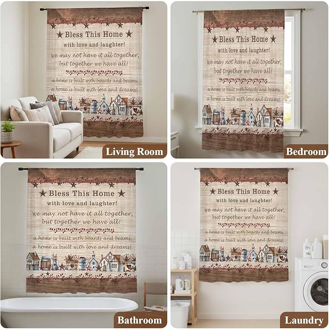 Farmhouse Sheer Curtains 72 Inch Length Brown Country Star Berry Vintage Wood Grain Chiffon Curtain for Bedroom Living Room Light Filtering Rod Pocket Window Treatments Voile Curtains Drapes