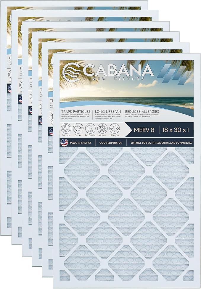 Cabana Filters 6-Pack 18x30x1 MERV 8 AC Furnace Air Filter for Home and Office - Indoor HVAC System Filtration Replacement, Captures Unwanted Particles