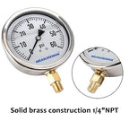 MEASUREMAN 4" Dial Size, Glycerin Filled Plumbing Pressure Gauge, 0-60psi, Stainless Steel Case, 1/4" NPT Lower Mount