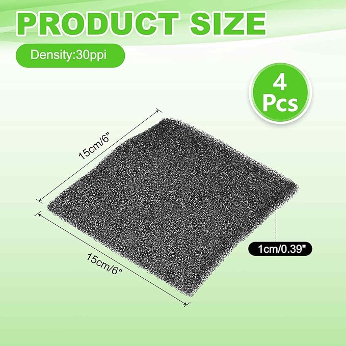 Fan Replacement Filters 4 Pcs Fan Filter Foam Sponge (6" x 6" x 0.39", 30ppi) - Breathable, Soft for Air Compressors Inverter Chassis Vacuum Cleaners