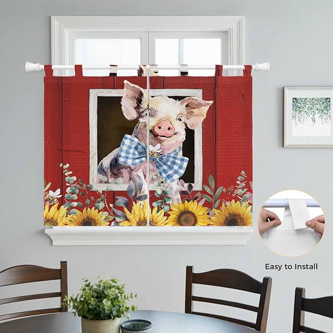 Pig Sunflowers Kitchen Curtains 45 Inch Length, Short Cafe Window Curtains Tab Top, Eucalyptus Leaves Floral Bees Red Barn Light Filtering Window Treatments Tier Drapes 27.5"x45" 2 Panel