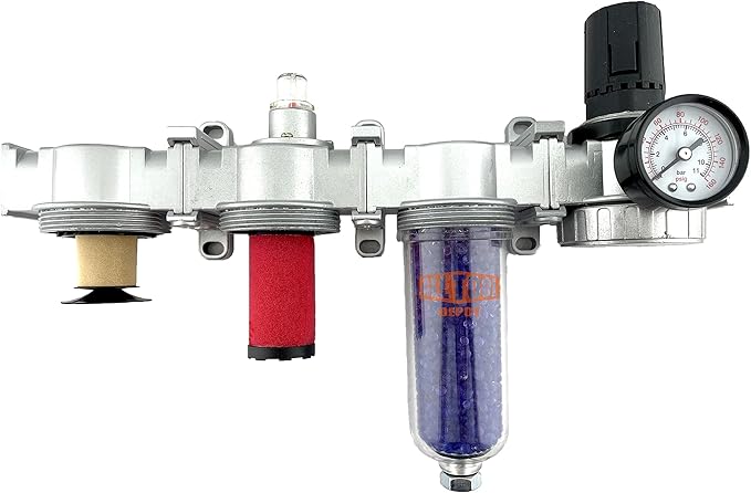 3/8" NPT MID FLOW 4 Stages Filter Coalescing Desiccant Dryer Regulator System For Compressed Air Lines, Poly Bowls, Great For Paint Spray And Plasma Cutter (MANUAL DRAIN)