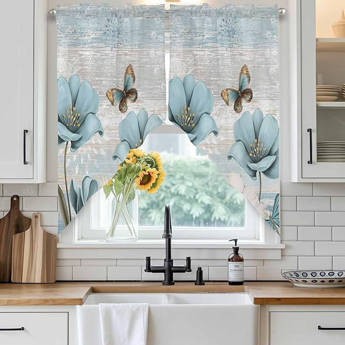 Spring Floral Swag Valances for Windows, Vintage Tulips Flower Butterfly Retro Wood Blue Rod Pocket Kitchen Curtains Valance, Small Window Curtains Swag for Cafe Living Room, 2 Panels, 36x36 inch